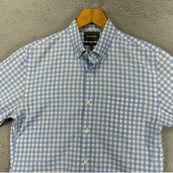 Bonobos Adult Mens Button Down Shirt Medium Blue White Gingham Plaid Slim Fit